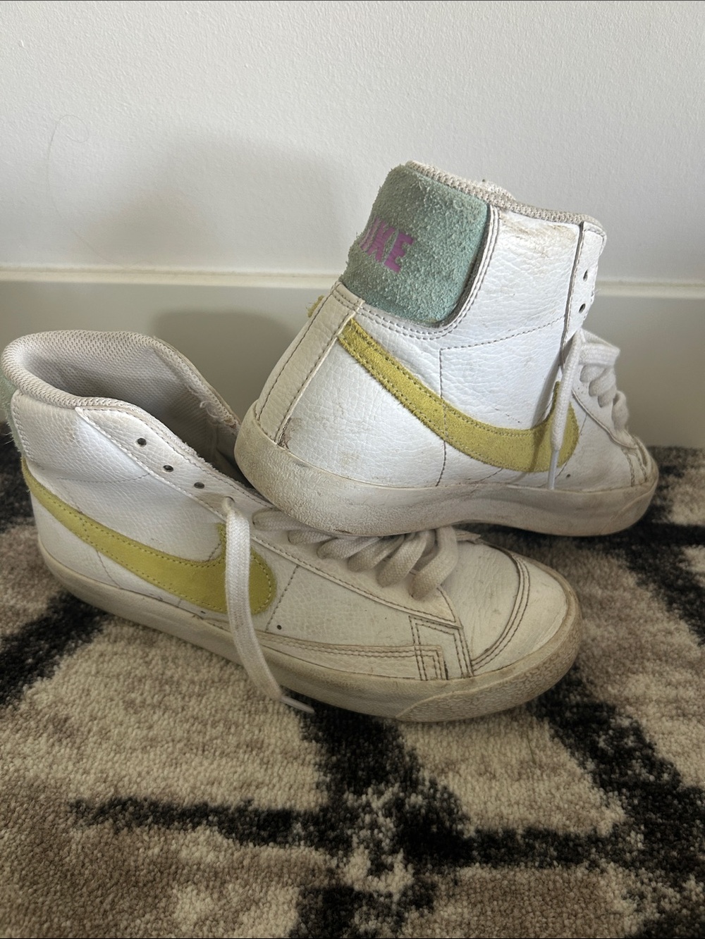 Nike White and Lime Kids High-Top Sneakers
